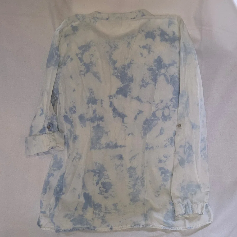 Vintage America Blues Button Down Women L Blue Excellent Tie Dye Roll Tab‎ Boho